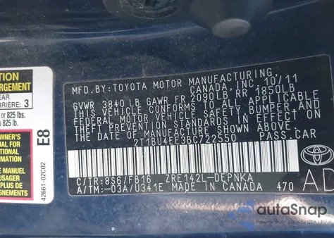 2011 Toyota Corolla S/Le из США, поврежденный, VIN 2T1BU4EE3BC722550